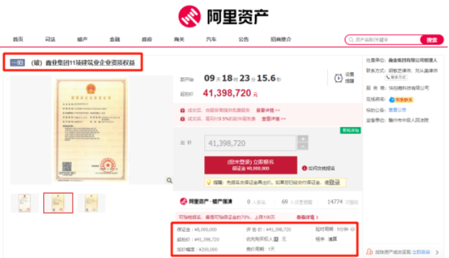 4139萬(wàn)元起拍11項(xiàng)建筑業(yè)資質(zhì)（含房建、市政總包雙一級(jí)）