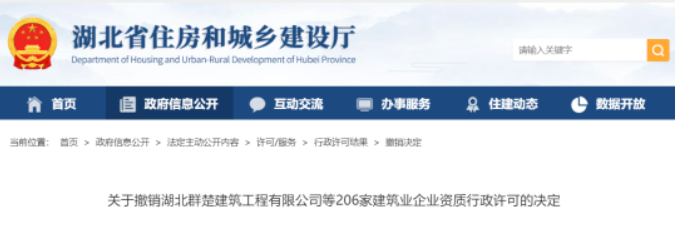 湖北：撤銷206家企業(yè)資質(zhì)！